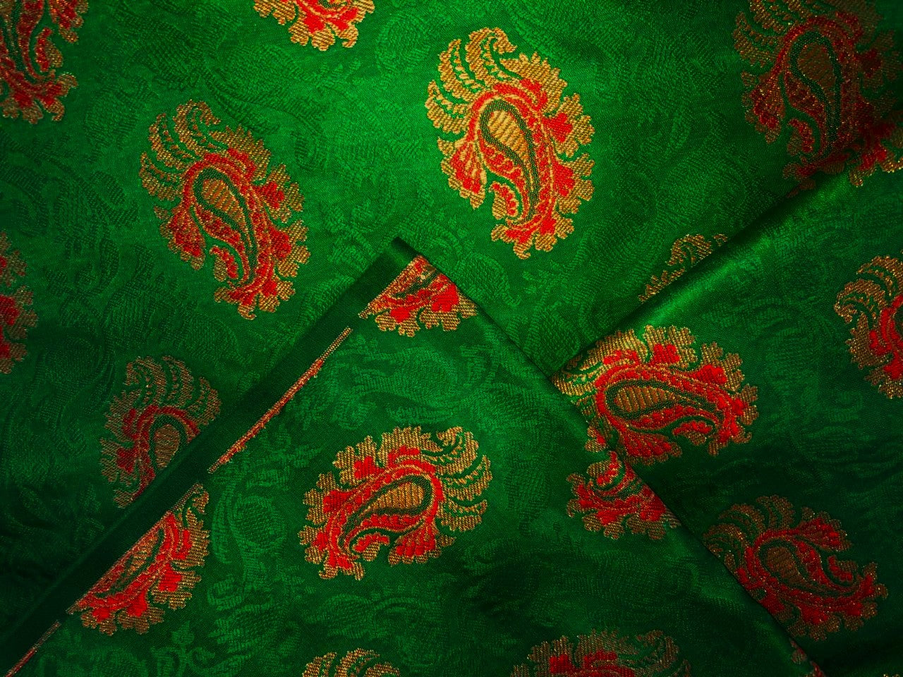 Silk Brocade fabric 44" wide PAISLEYS  available in 5 colors GREEN /YELLOW/ ROYAL BLUE /NAVY AND  ORANGE BRO940