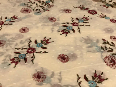 100% cotton mull fabric ivory dobby and floral motifs [18690]