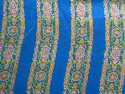 Pure silk  crepe printed fabric stripes of blue and orange, pink floral 54"[18263]