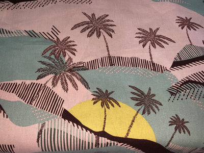 100% Cotton double cloth cotton print available in 4 different prints beach palms / blueish grey floral / pretty dainty pink orange floral AND dark ivory orange flower motif