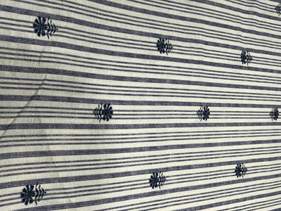 100% Linen stripe fabric [navy /white stripes]with navy color floral motif embroidery [17707]