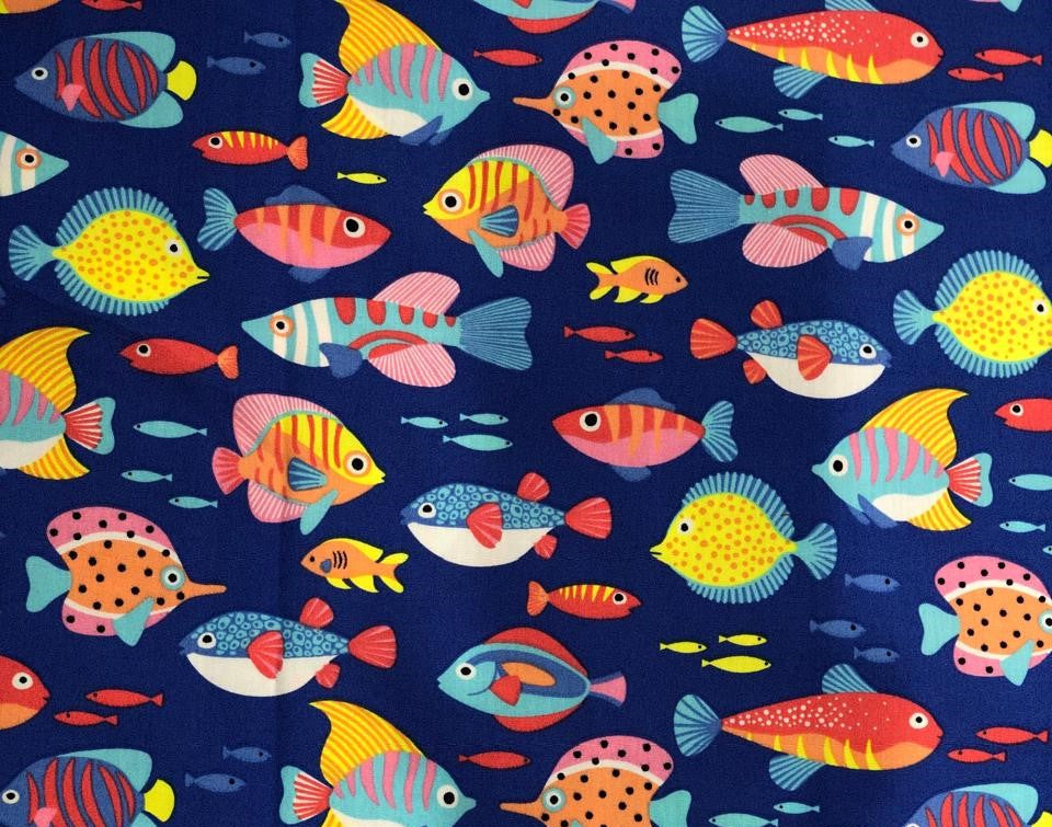 100% Cotton Poplin 58" wide digital print blue waters with bright colorful fish [17620]