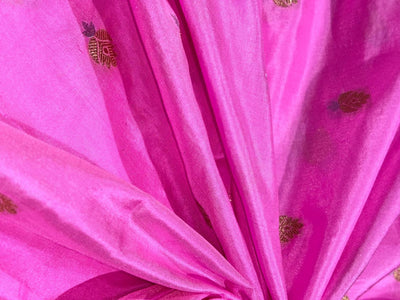 100% PURE Silk Brocade fabric 44" wide PINK with small metallic gold ,silver motifs BRO914[7]