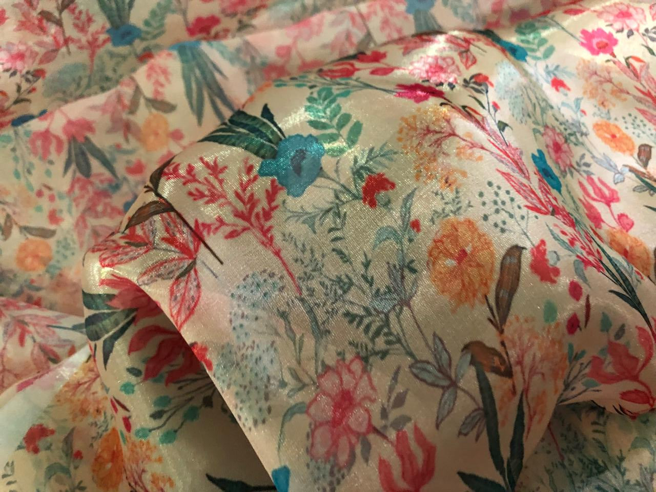 Shimmer Organza  fabric, Gleam sheer fabric Digital Print 54" wide available in 3 prints ivory with a spray of pink roses/cream with blue ,pink orange flowers and bright yellow with pink and blue flowers