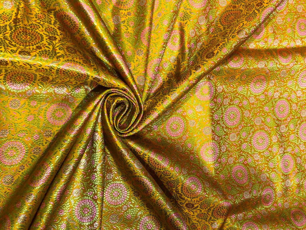 Silk Brocade fabric 44" wide INTRICATE JACQUARD available in 3 colors bright navy ,neon green and candy /golden khaki and candy AND  GOLDEN YELLOW,SALMON PINK AND NEON GREEN BRO960[1/2/3]