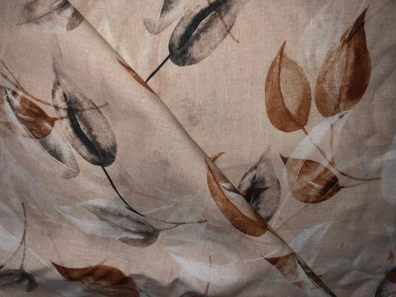 100% linen  digital print fabric 58" wide SAND BEIGE WITH BARK BROWN AND BROWN COLOR LEAVES [16111]