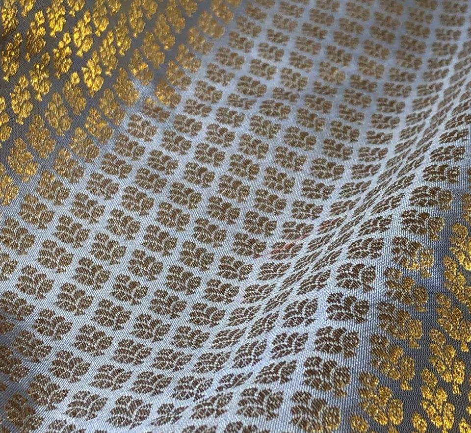 Silk Brocade fabric 44" carolina blue with tiny antique gold motifs BRO1038[2]