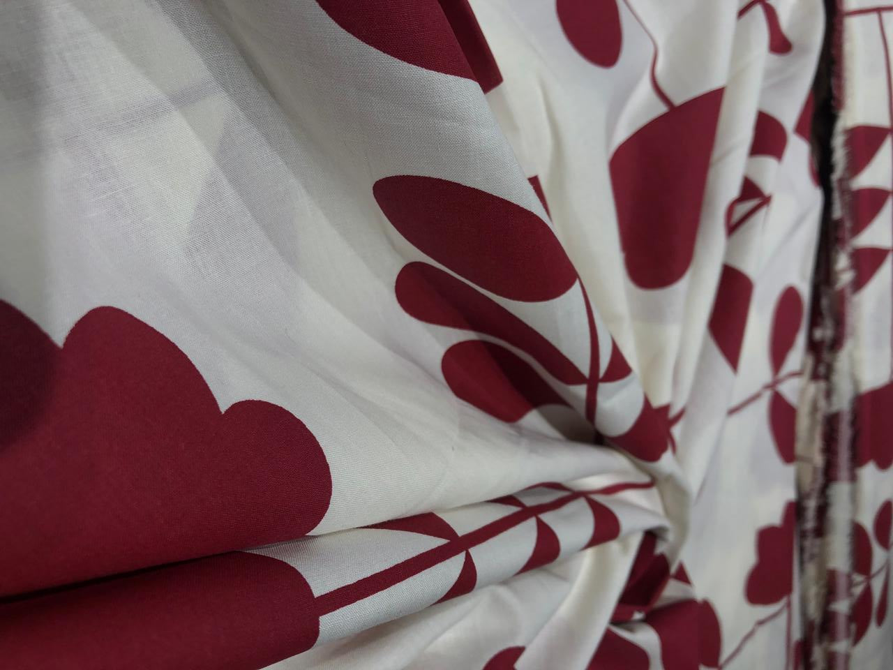 100% Cotton Poplin 58" Ivory with deep red long floral  motifs [17582] (
