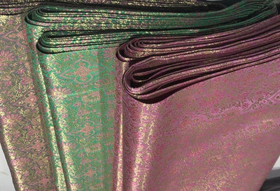 Silk Brocade fabric 44" pink and metallic gold floral jacquard available in 3 colors silver grey, green and pinkBRO1047