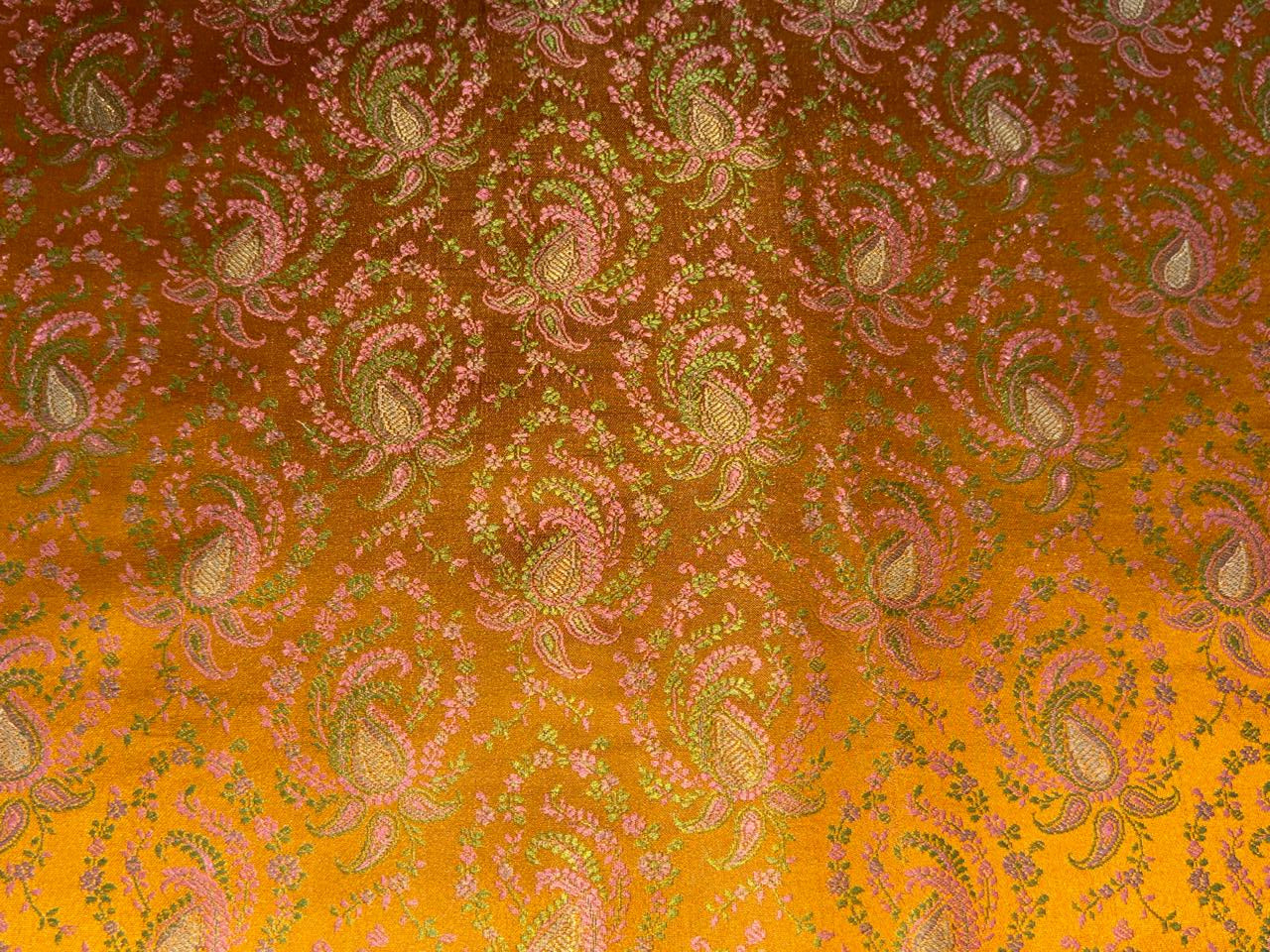 Silk Brocade fabric mustard orange with  green and pink paisley jacquard  BRO1082[1]