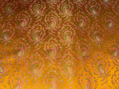 Silk Brocade fabric mustard orange with  green and pink paisley jacquard  BRO1082[1]