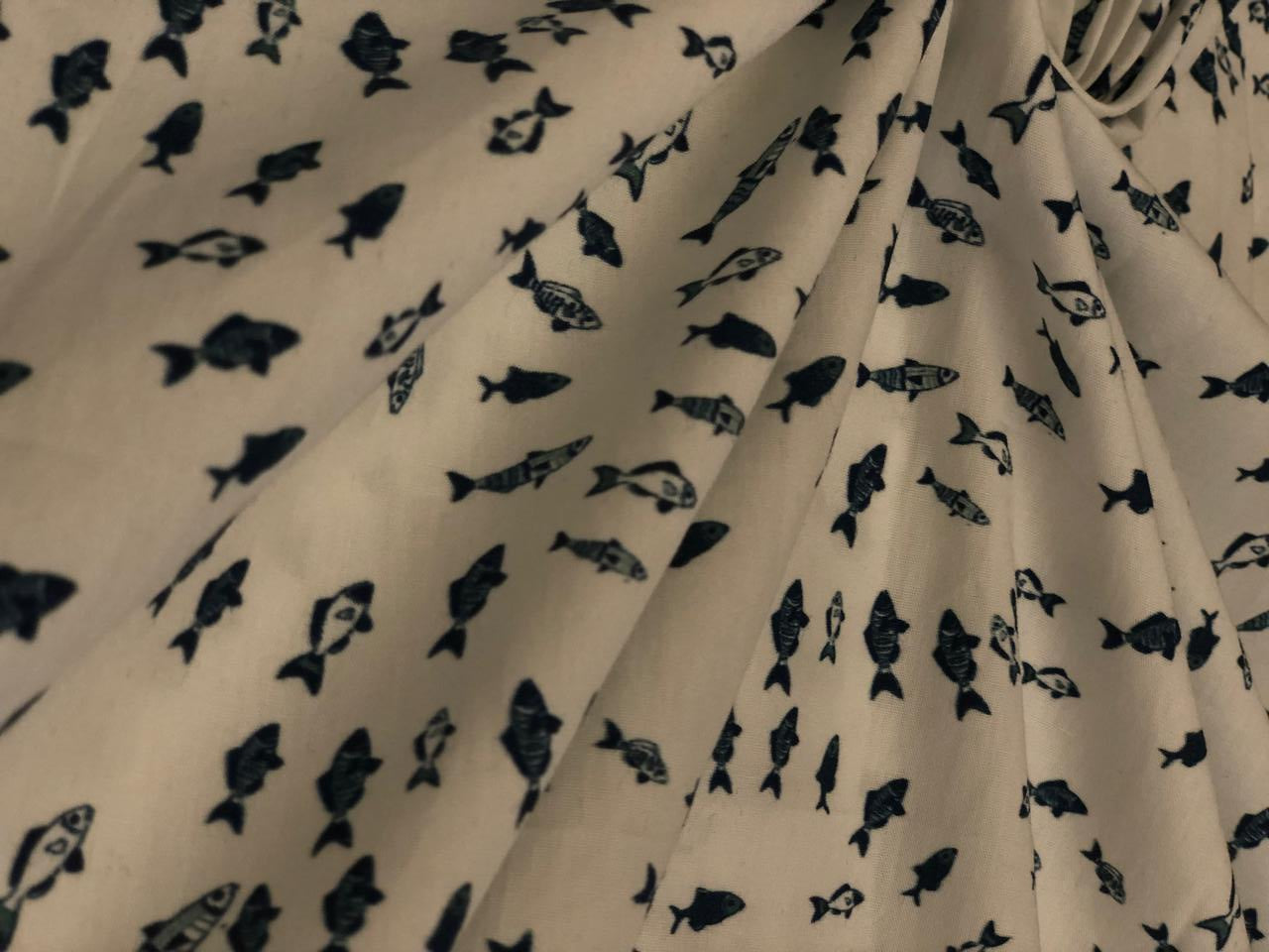 100% Cotton Poplin white with ceramic blue tiny fish all over  [18689]