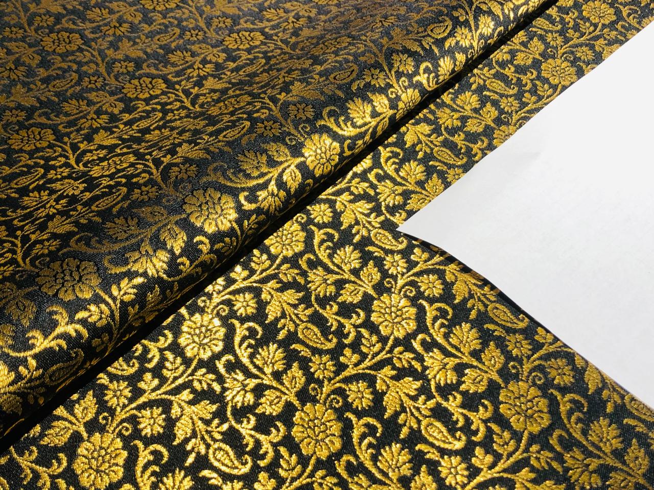 Silk Brocade fabric 44" wide BLACK with all over floral gold Jacquard BRO946A[3]