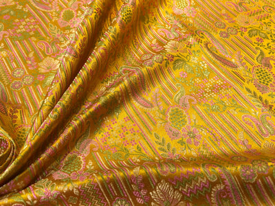 Silk Brocade fabric mustard gold with green and pink paisley  jacquard BRO1024[1]