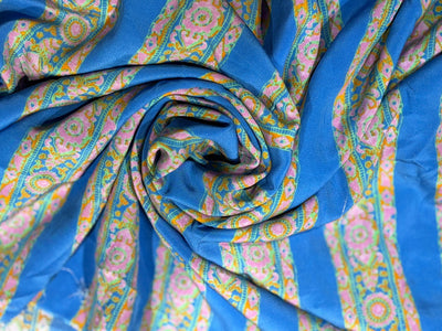 Pure silk  crepe printed fabric stripes of blue and orange, pink floral 54"[18263]