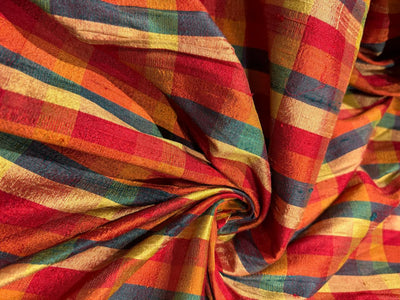 100% silk dupion  Plaids fabric with slubs shades of  green ,red ,burnt orange and gold 54" wide DUPNEWC29[2]