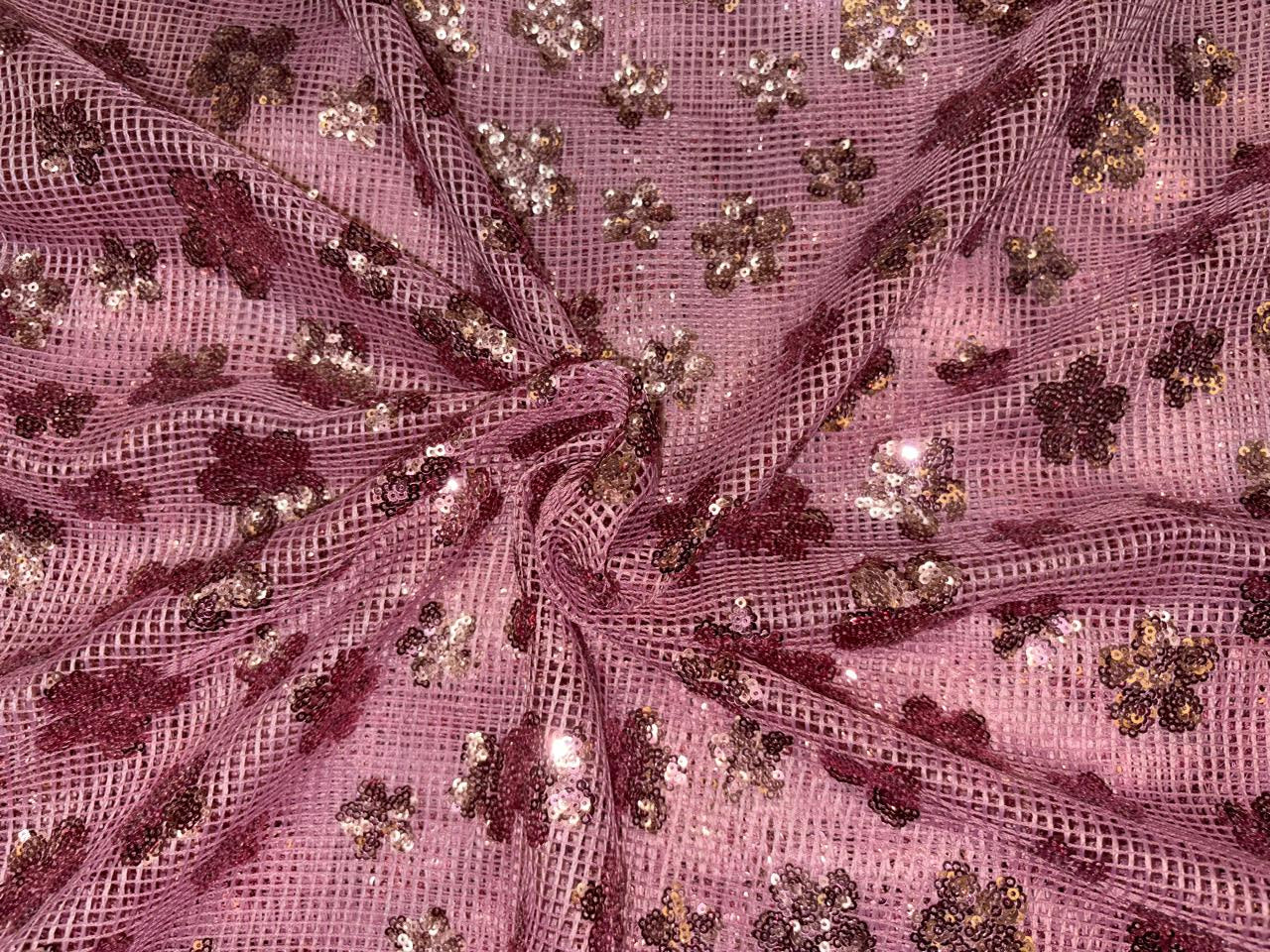 Net Fabric with sequin rose pink floral motifs 58'' wide [18598]
