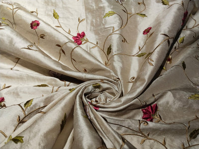 100% Dupioni SILK  fabric 110" wide IVORY WITH FLORAL EMBROIDERY [DUPEMB68_110"EMB]]