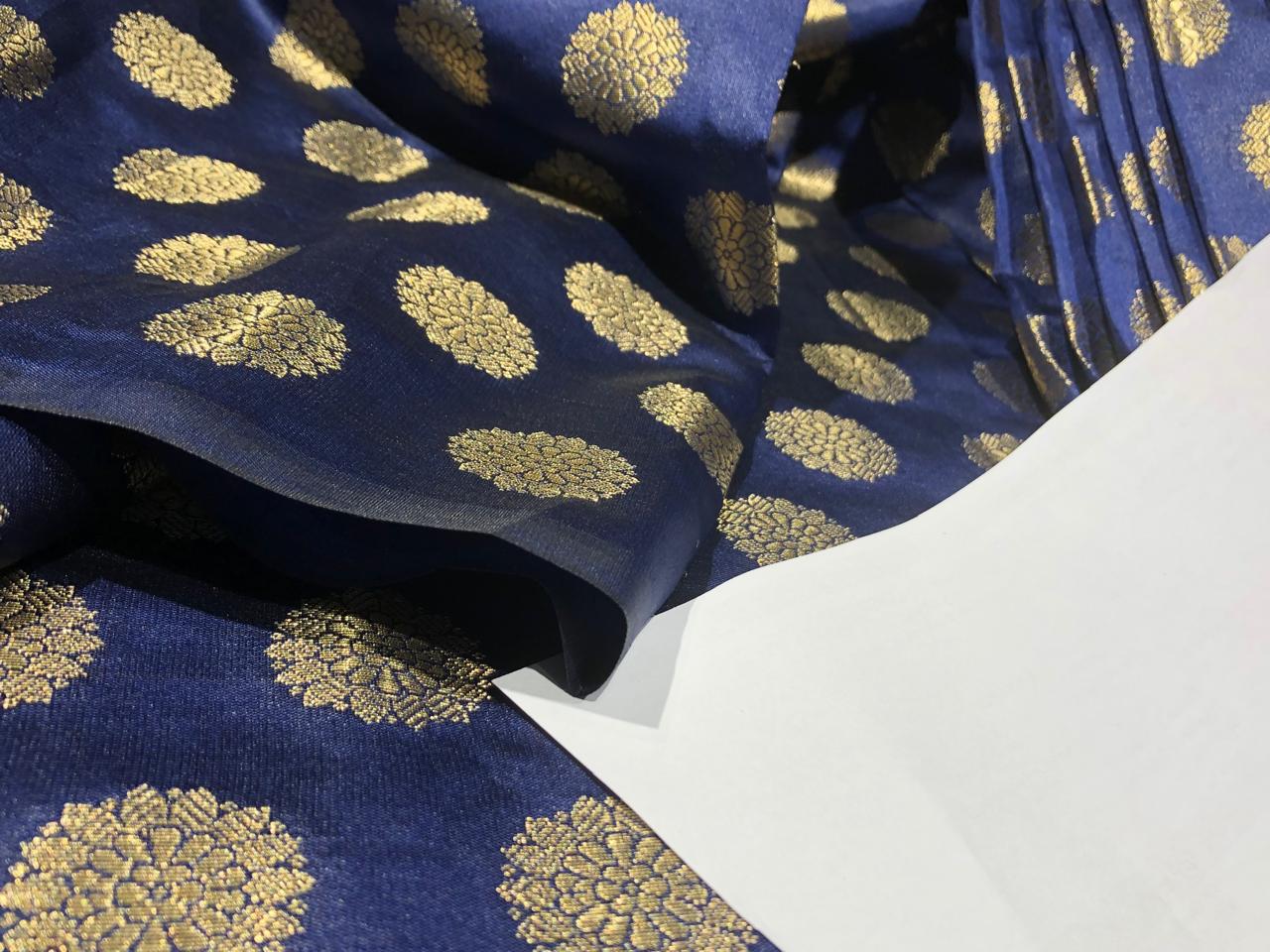 Silk Brocade fabric with Metallic gold motif Jacquard  44" wide available in 3 colors mango , midnight blue and grey