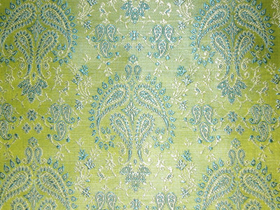 SILK BROCADE FABRIC Lime Green, Blue & Cream 44" wide BRO116[6]