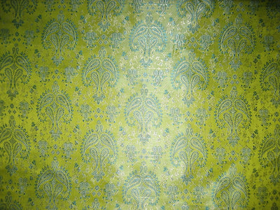 SILK BROCADE FABRIC Lime Green, Blue & Cream 44" wide BRO116[6]