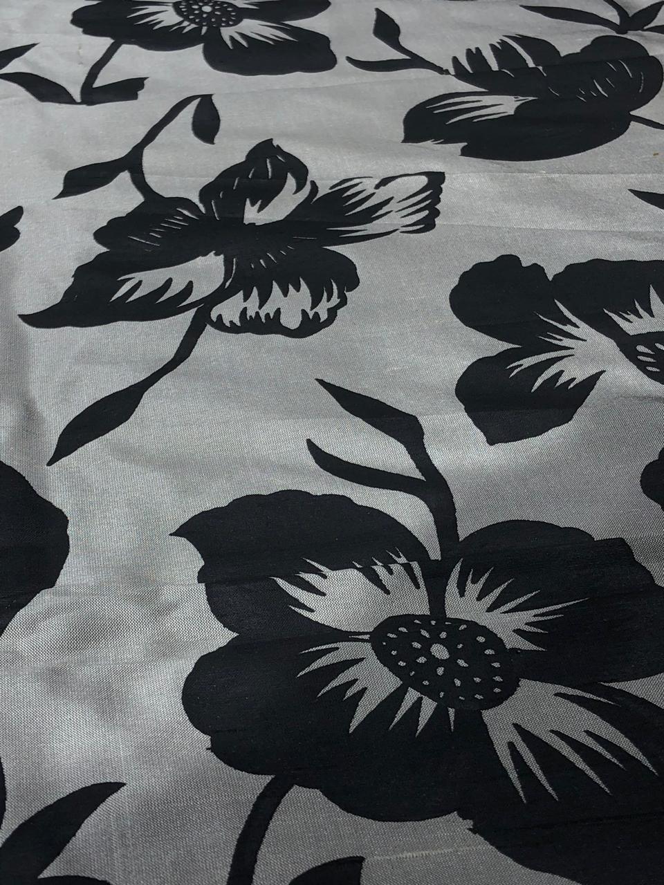 100% silk Dupion fabric brushed  gold with black floral print 54" wide DUPPRT42