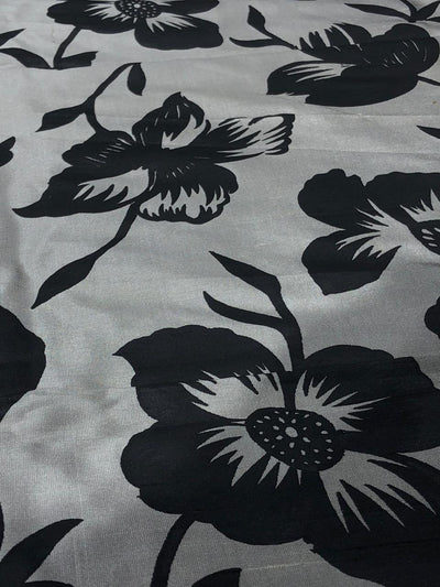 100% silk Dupion fabric brushed  gold with black floral print 54" wide DUPPRT42