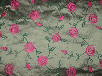 100% SILK DUPION black x light green pink rose FLORAL EMBROIDERY 54" WIDE DUPE58[1]