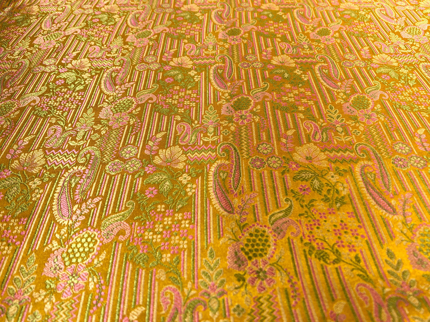 Silk Brocade fabric mustard gold with green and pink paisley  jacquard BRO1024[1]