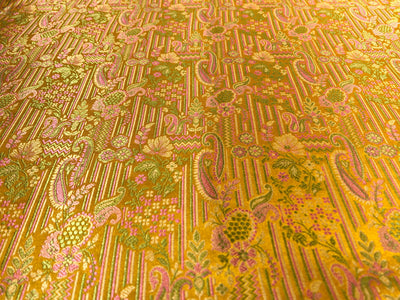 Silk Brocade fabric mustard gold with green and pink paisley  jacquard BRO1024[1]