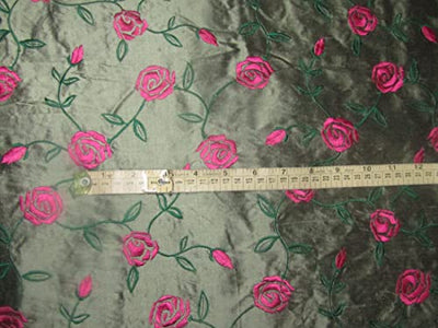 100% SILK DUPION black x light green pink rose FLORAL EMBROIDERY 54" WIDE DUPE58[1]