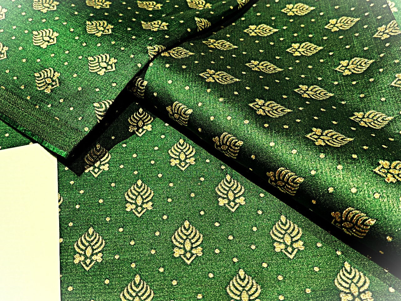 Silk Brocade fabric  EMERALD GREEN with gold motif  Jacquard  54" wide BRO943 available in 3 different designs of motifs