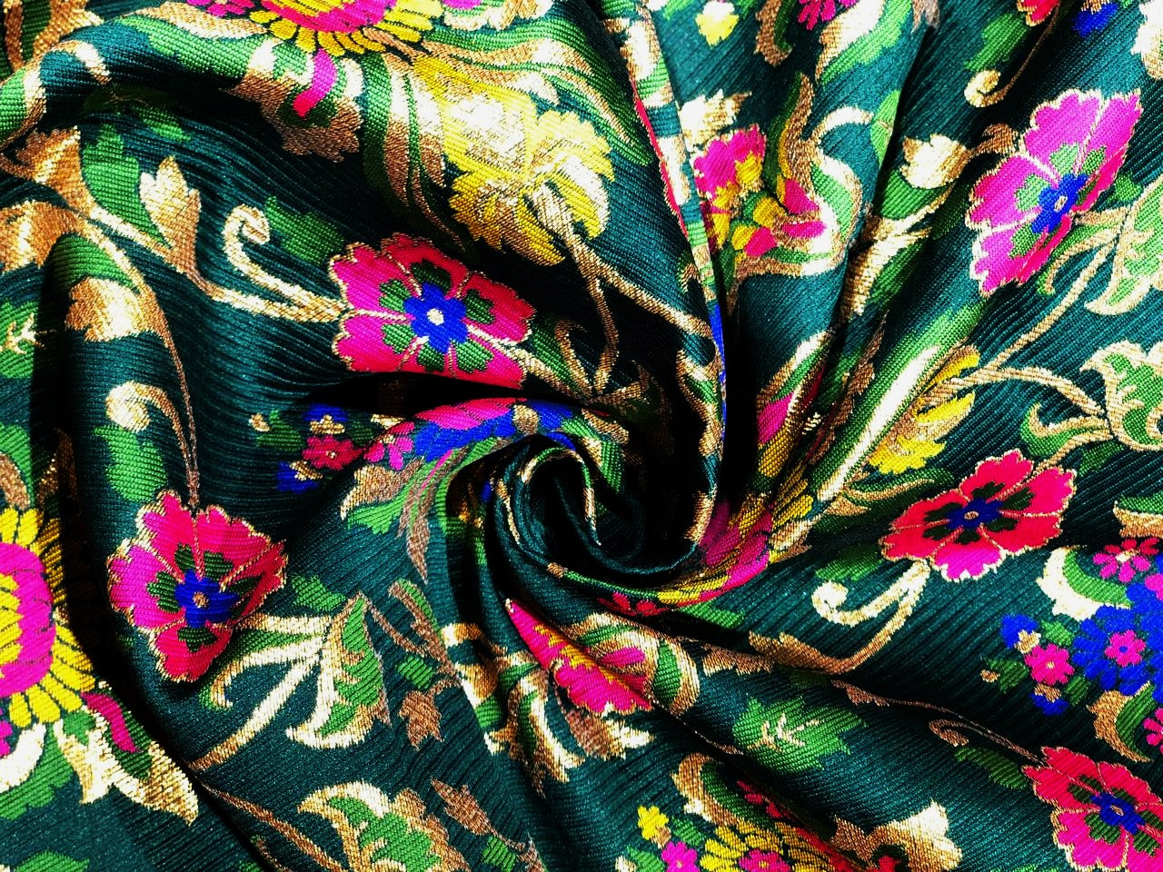 Silk Brocade heavy  fabric 58" emerald green with bright pink, royal blue and mustard gold x metallic gold BRO1039[1]