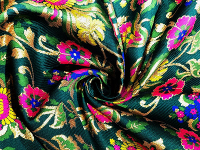 Silk Brocade heavy  fabric 58" emerald green with bright pink, royal blue and mustard gold x metallic gold BRO1039[1]