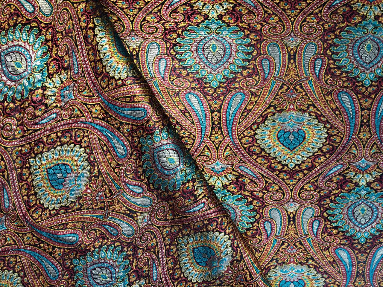 Silk Brocade fabric teal, black, red, mustard and metallic gold   BRO1092[1]