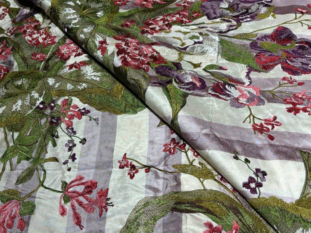 100% Silk dupioni silk 54&quot;-dark ivory  and mauve and mauve taupe color stripe  with floral embroidery in plum, mauve and burgundy  DUPE65