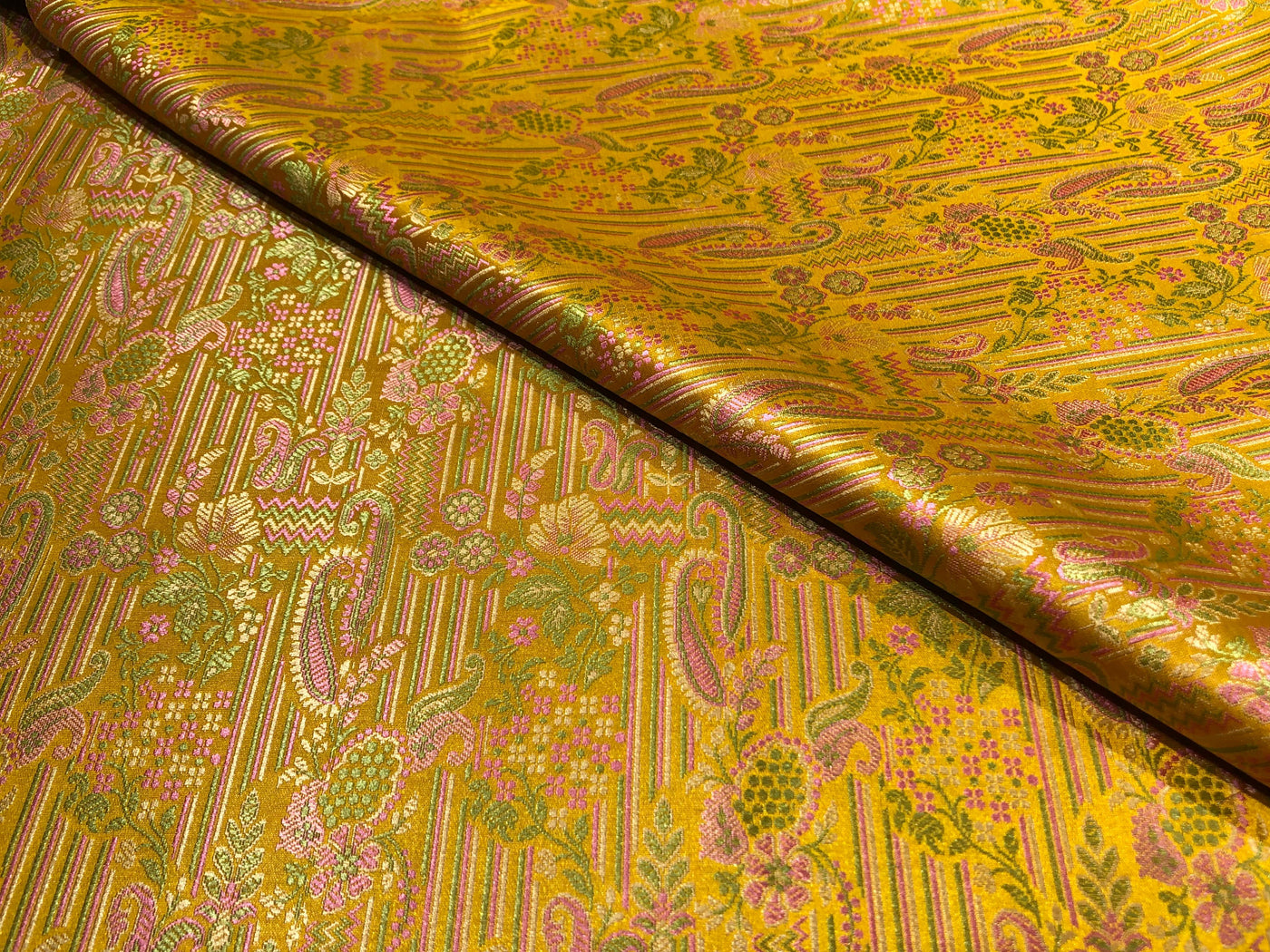 Silk Brocade fabric mustard gold with green and pink paisley  jacquard BRO1024[1]