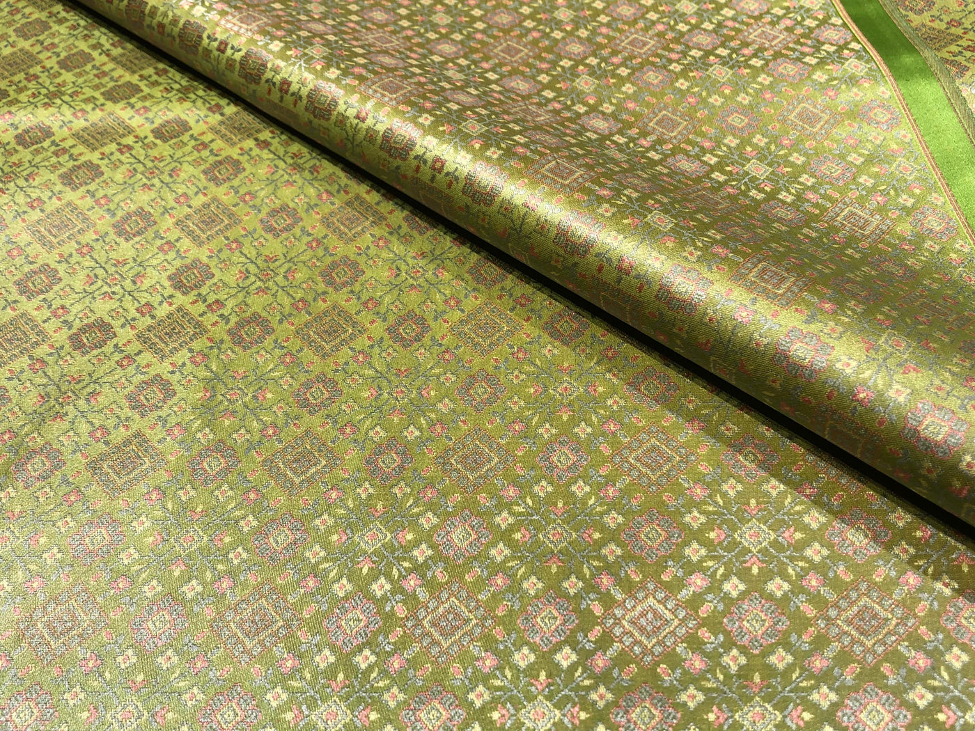 Silk Brocade fabric pastel green with pink and blue geometric diamond shape  jacquard BRO1024[3]