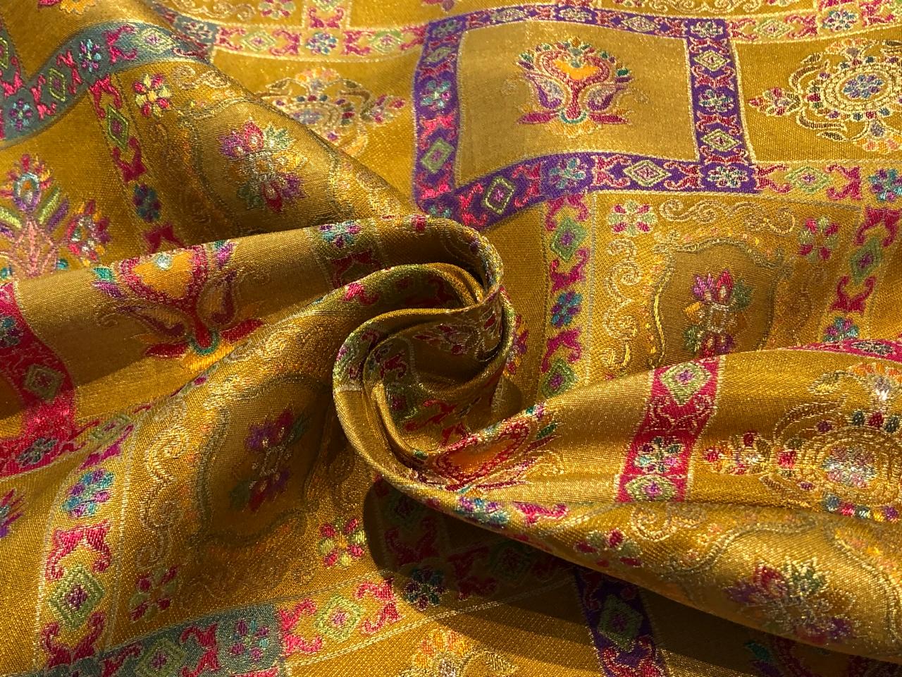 Silk Brocade fabric mustard gold with squares of floral  motifs BRO1090[2]
