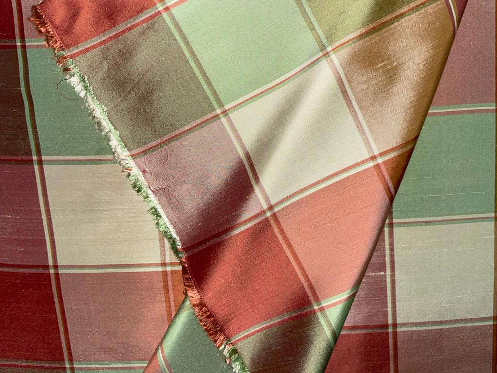 Silk Dupioni Fabric Plaids Shades of green/cream/orange color 54" wide DUP#C101[2]