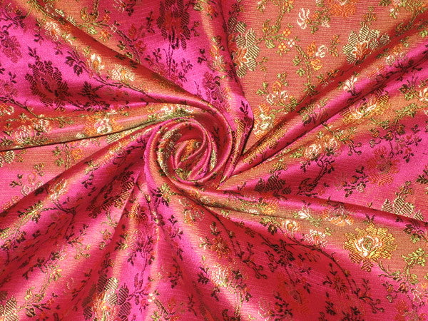Pure Silk Brocade Fabric Pink, Gold, Orange &amp; Green color BRO95[3]
