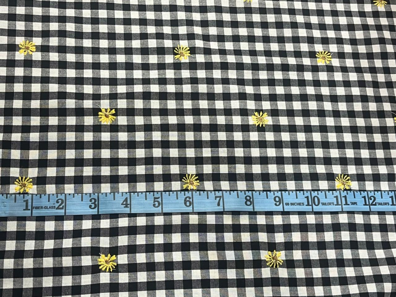 100 % Cotton BLACK AND WHITE PLAIDS  Fabric Embroidered with tiny yellow flowers [16342]