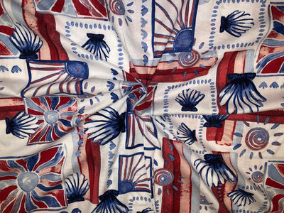 100% Cotton white ivory with brushed paint  print look red and blue abstract 56" wide [18342]