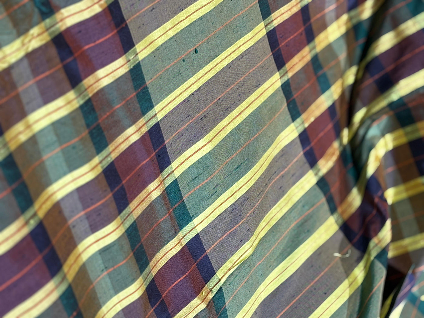 100% silk dupion  Plaids fabric with slubs  yellow, burgandy , green, brown and black 54" wide DUPNEWC29[1]