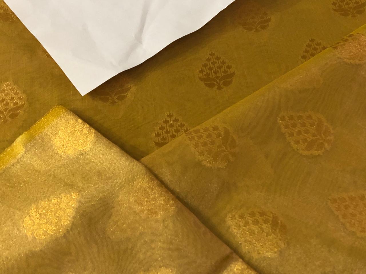 Silk Brocade TISSUE available in 3 colors and designs 44" wide BRO958 purple x gold, sea green and gold self leaf motifs