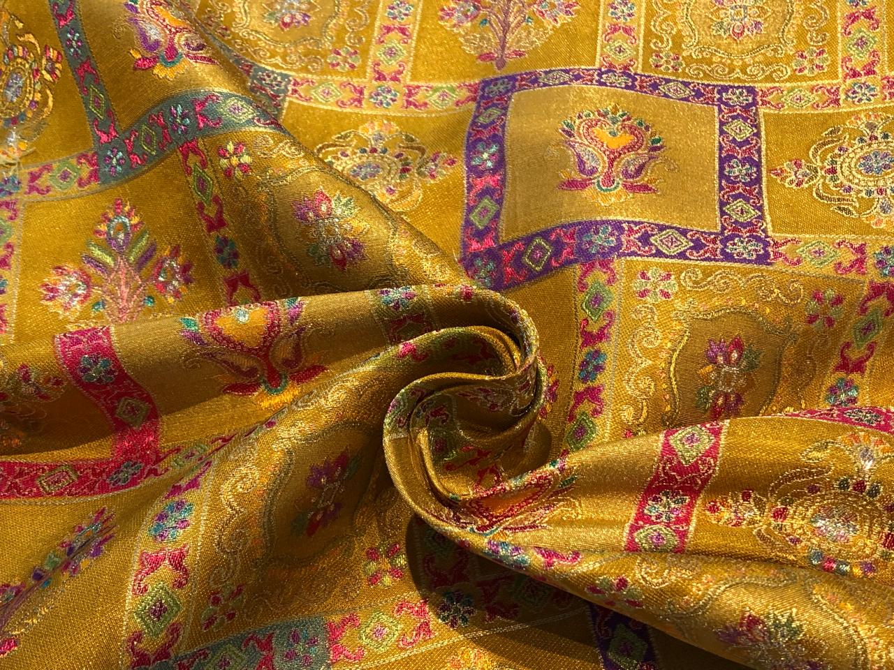 Silk Brocade fabric mustard gold with squares of floral  motifs BRO1090[2]