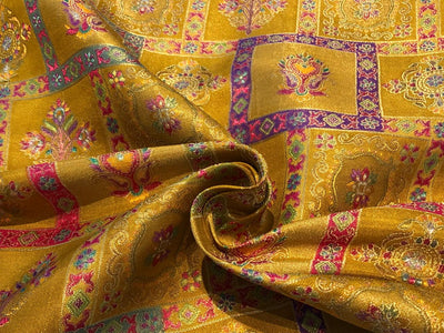 Silk Brocade fabric mustard gold with squares of floral  motifs BRO1090[2]