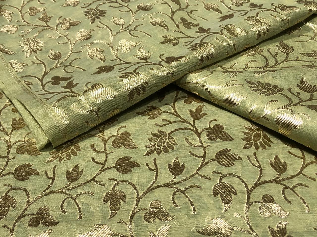 Silk Brocade fabric 44" wide light olive with all over floral gold Jacquard BRO946A[1]