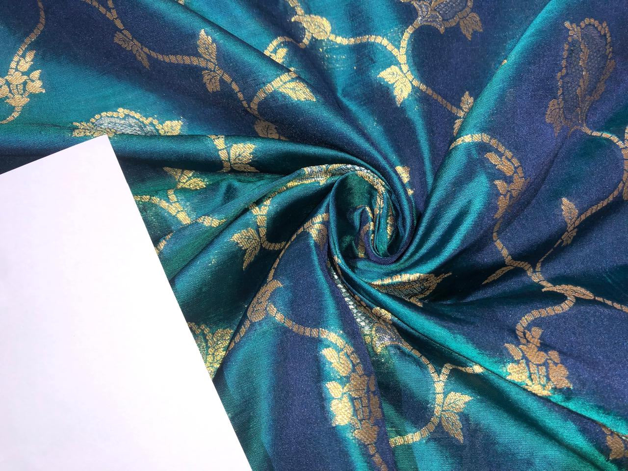 Brocade Fabric PEACOCK BLUE  Jacquard x metallic gold and silver   Color 44" WIDE BRO982[3]