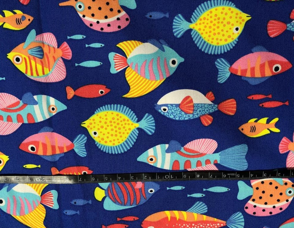 100% Cotton Poplin 58" wide digital print blue waters with bright colorful fish [17620]